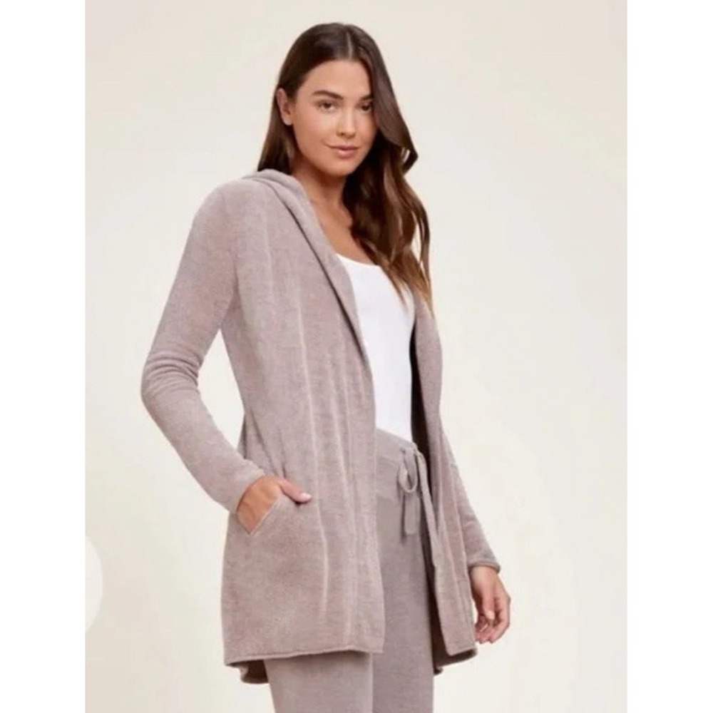 BAREFOOT DREAMS Taupe Pink Small CozyChic Lite Long Hooded Open Cardigan #HR-5